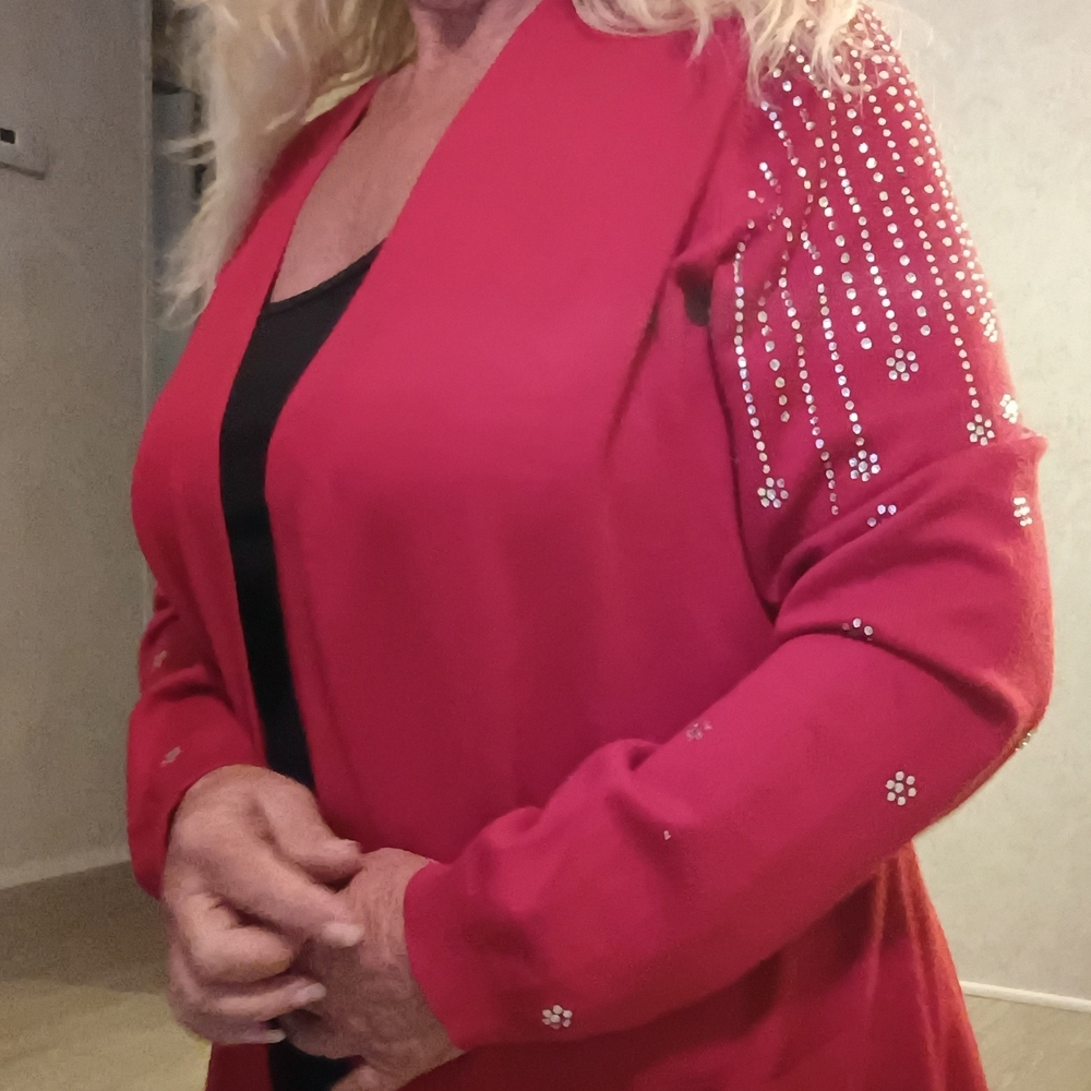 Elegant Red Cardigan with Rhinestone Details